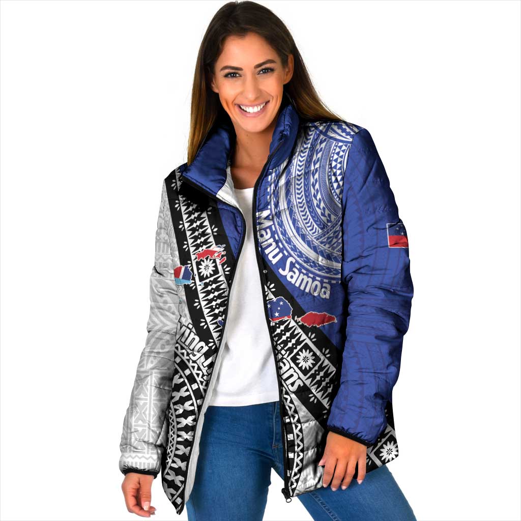Fiji an Samoa Rugby Custom Padded Jacket Flying Fijians Manu Samoa Together Pacific LT14 Women Blue - Polynesian Pride