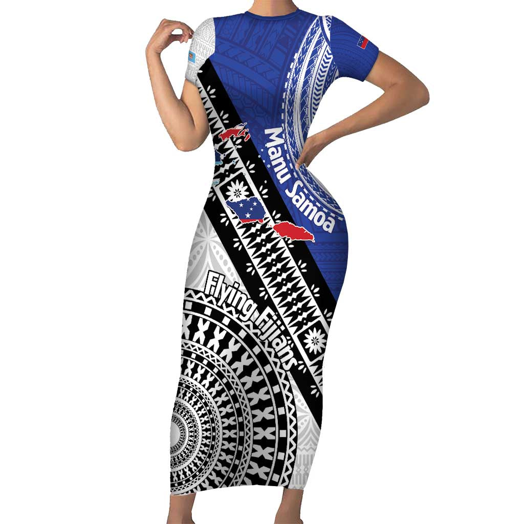 Fiji an Samoa Rugby Custom Short Sleeve Bodycon Dress Flying Fijians Manu Samoa Together Pacific - Polynesian Pride