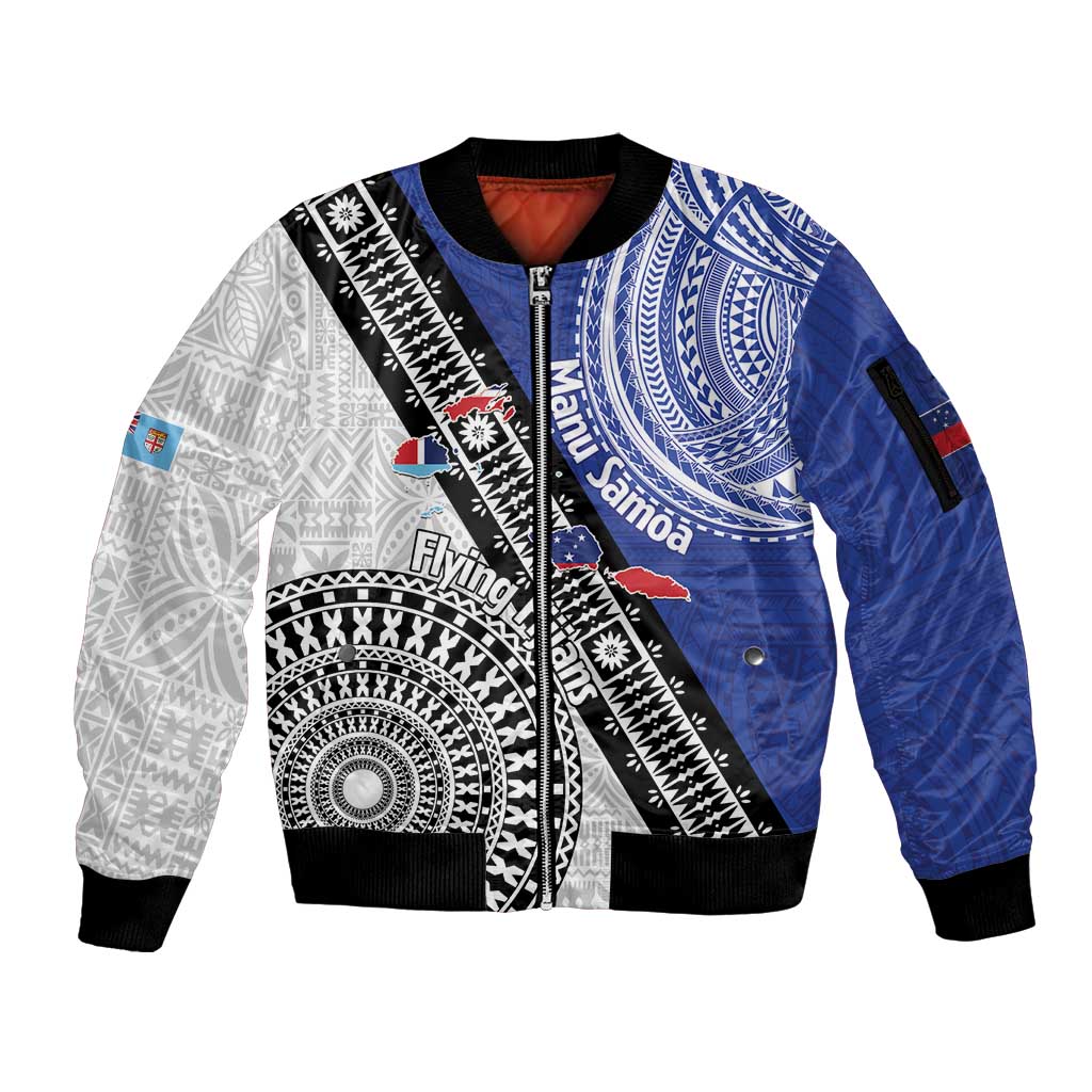 Fiji an Samoa Rugby Custom Sleeve Zip Bomber Jacket Flying Fijians Manu Samoa Together Pacific LT14 Unisex Blue - Polynesian Pride