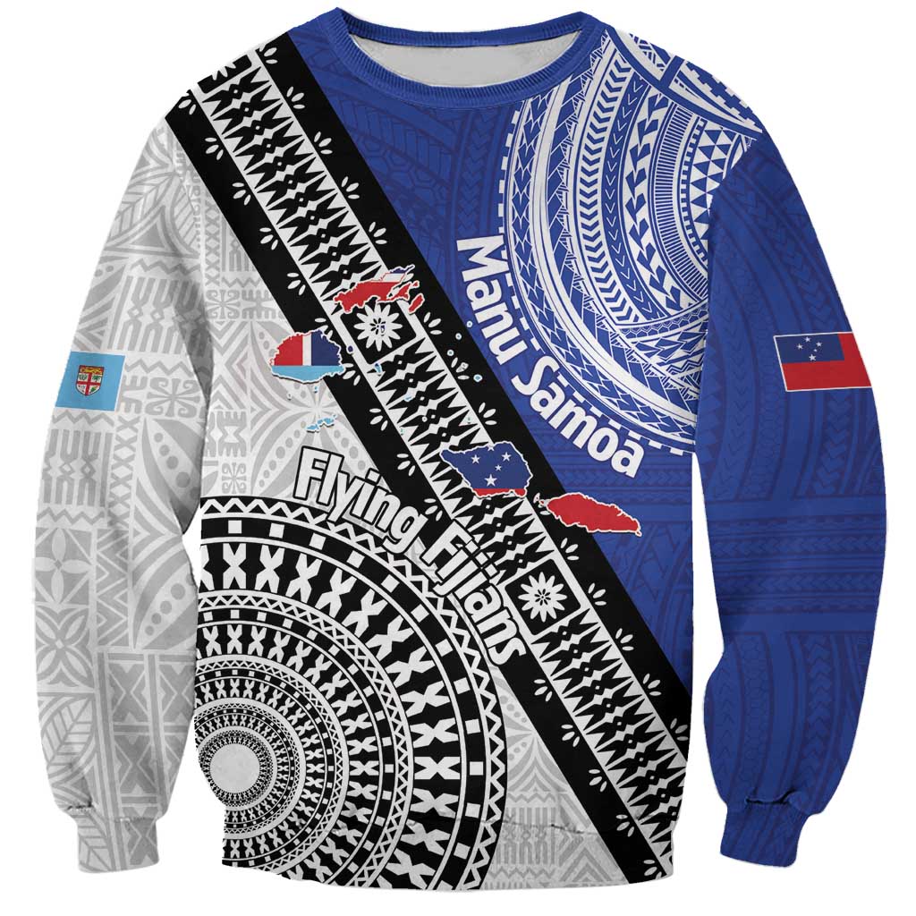 Fiji an Samoa Rugby Custom Sweatshirt Flying Fijians Manu Samoa Together Pacific LT14 Unisex Blue - Polynesian Pride