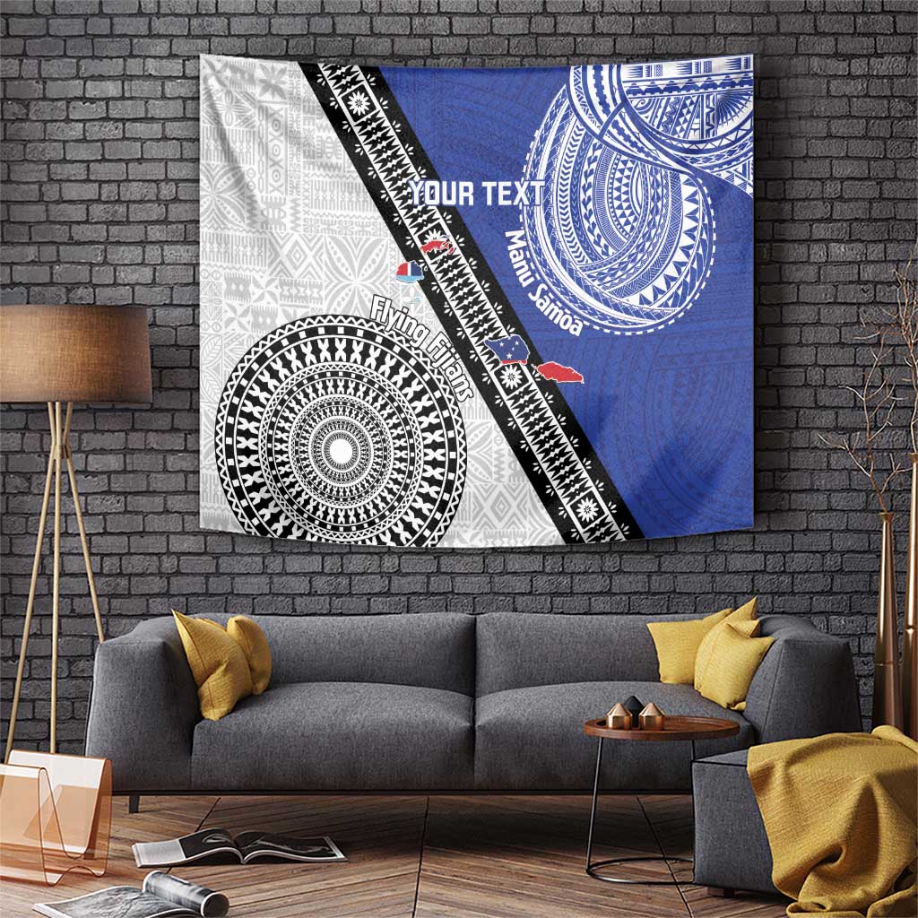 Fiji an Samoa Rugby Custom Tapestry Flying Fijians Manu Samoa Together Pacific LT14 Blue - Polynesian Pride