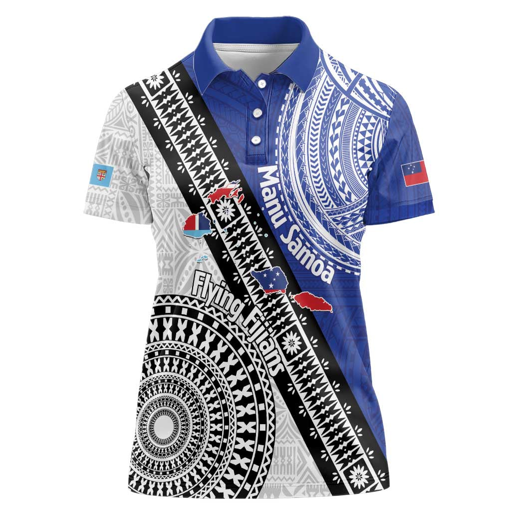 Fiji an Samoa Rugby Custom Women Polo Shirt Flying Fijians Manu Samoa Together Pacific LT14 Female Blue - Polynesian Pride