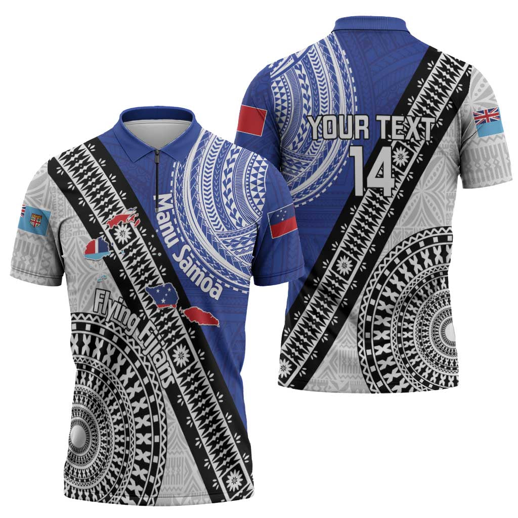 Fiji an Samoa Rugby Custom Zipper Polo Shirt Flying Fijians Manu Samoa Together Pacific LT14 - Polynesian Pride