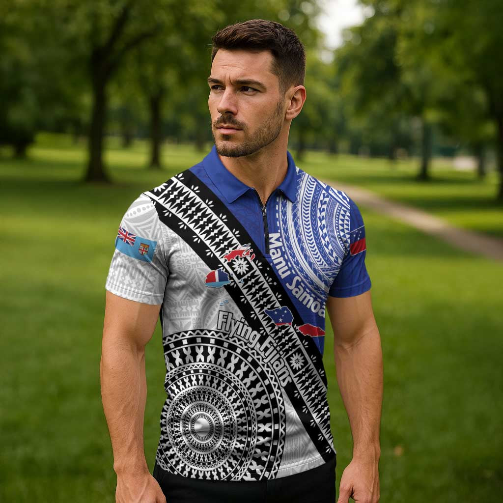 Fiji an Samoa Rugby Custom Zipper Polo Shirt Flying Fijians Manu Samoa Together Pacific LT14 - Polynesian Pride