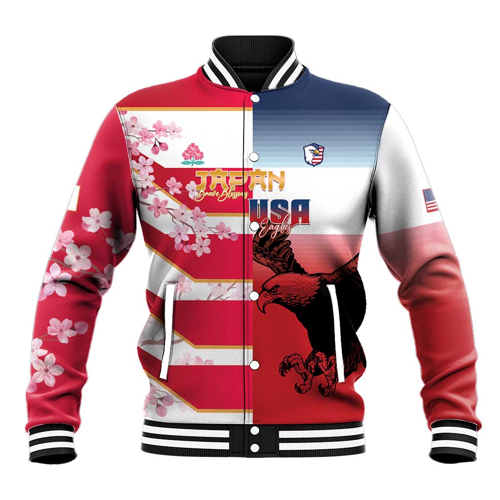 USA and Japan Rugby Custom Baseball Jacket Eagles Brave Blossoms Together Pacific LT14 Unisex Red - Polynesian Pride
