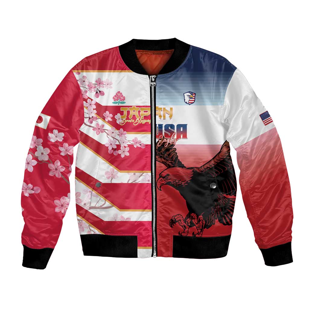 USA and Japan Rugby Custom Bomber Jacket Eagles Brave Blossoms Together Pacific LT14 Unisex Red - Polynesian Pride