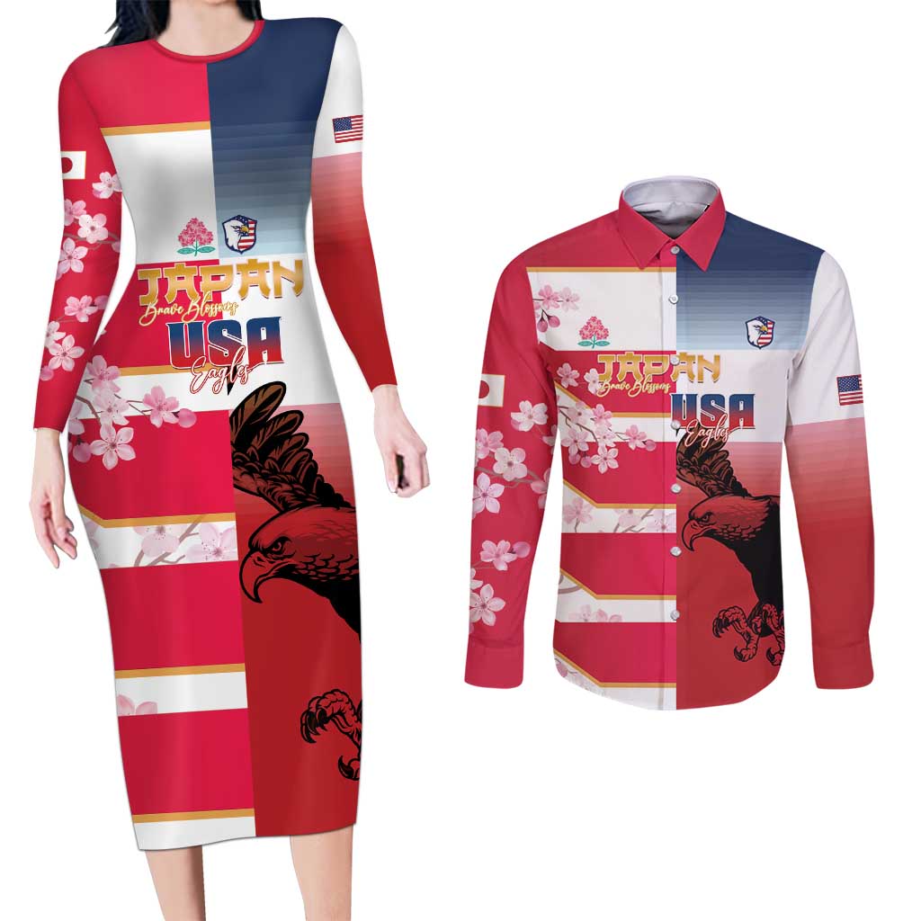 USA and Japan Rugby Custom Couples Matching Long Sleeve Bodycon Dress and Long Sleeve Button Shirt Eagles Brave Blossoms Together Pacific LT14 Red - Polynesian Pride