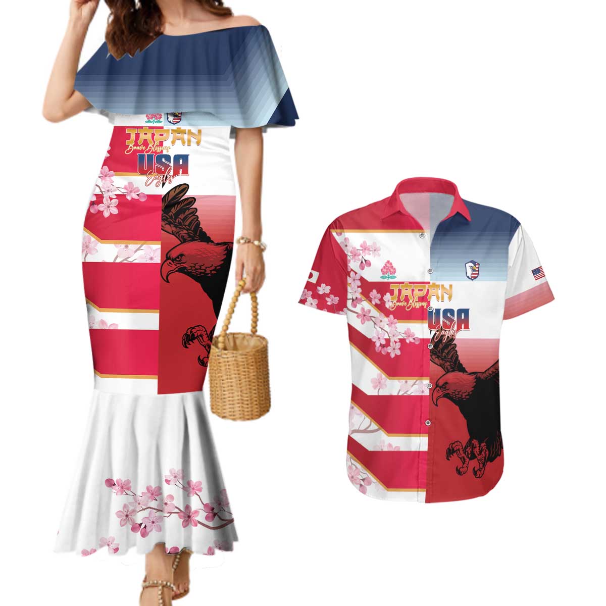 USA and Japan Rugby Custom Couples Matching Mermaid Dress and Hawaiian Shirt Eagles Brave Blossoms Together Pacific LT14 Red - Polynesian Pride