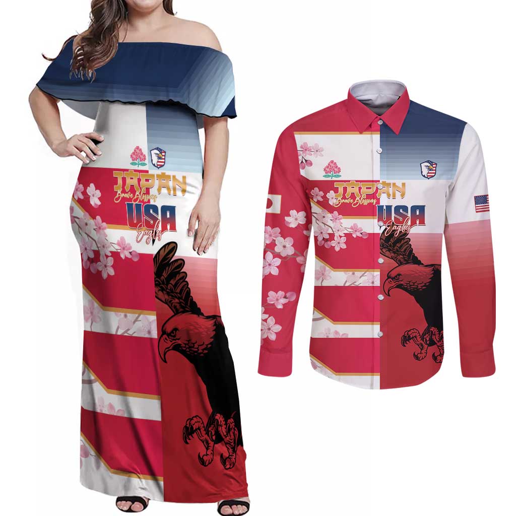 USA and Japan Rugby Custom Couples Matching Off Shoulder Maxi Dress and Long Sleeve Button Shirt Eagles Brave Blossoms Together Pacific LT14 Red - Polynesian Pride
