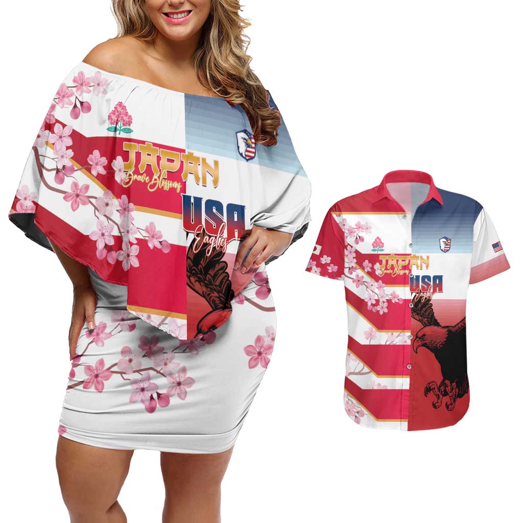 USA and Japan Rugby Custom Couples Matching Off Shoulder Short Dress and Hawaiian Shirt Eagles Brave Blossoms Together Pacific LT14 Red - Polynesian Pride