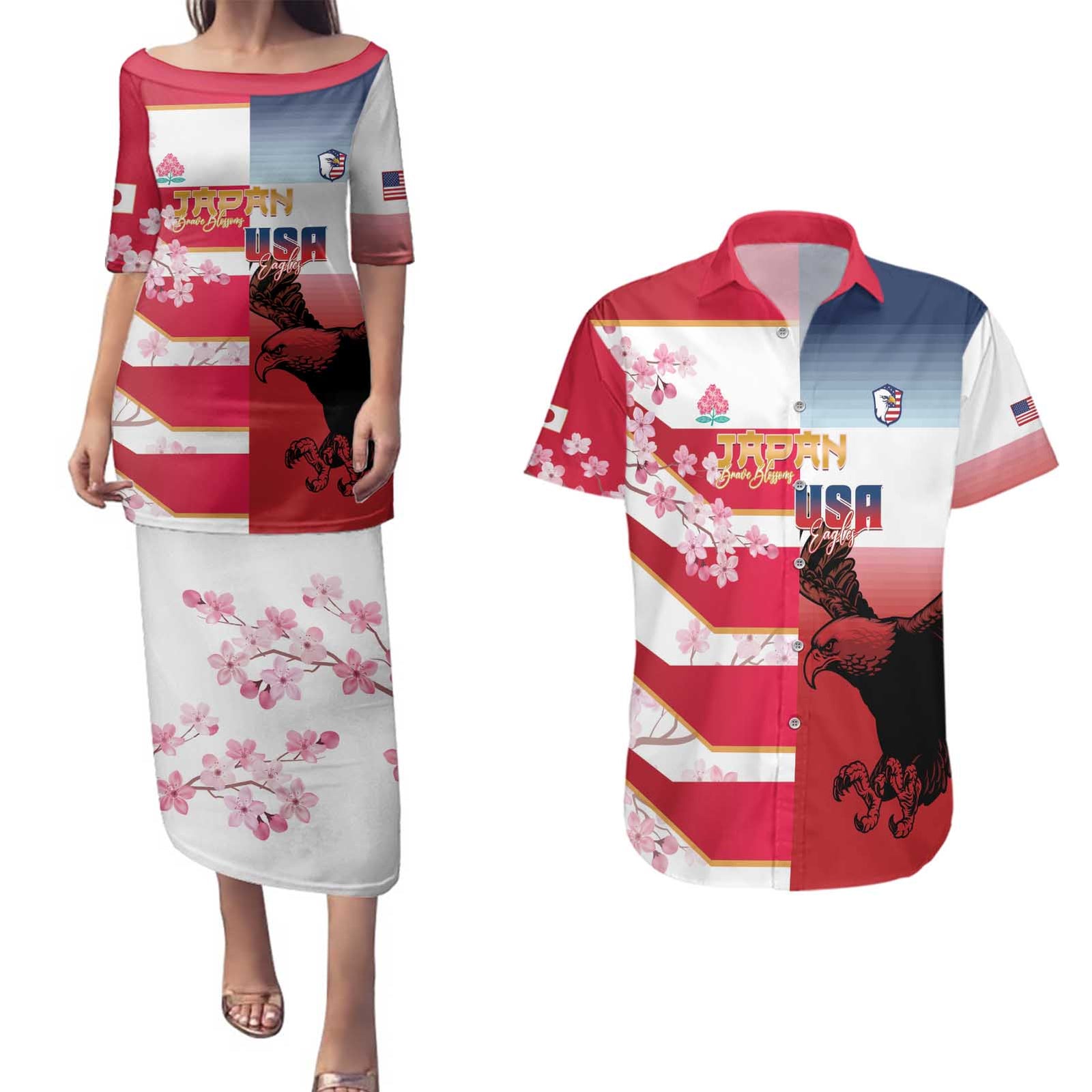 USA and Japan Rugby Custom Couples Matching Puletasi and Hawaiian Shirt Eagles Brave Blossoms Together Pacific LT14 Red - Polynesian Pride