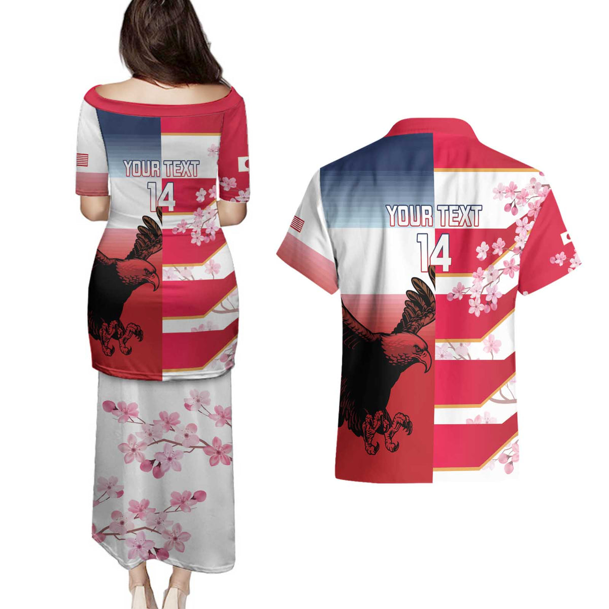 USA and Japan Rugby Custom Couples Matching Puletasi and Hawaiian Shirt Eagles Brave Blossoms Together Pacific - Polynesian Pride