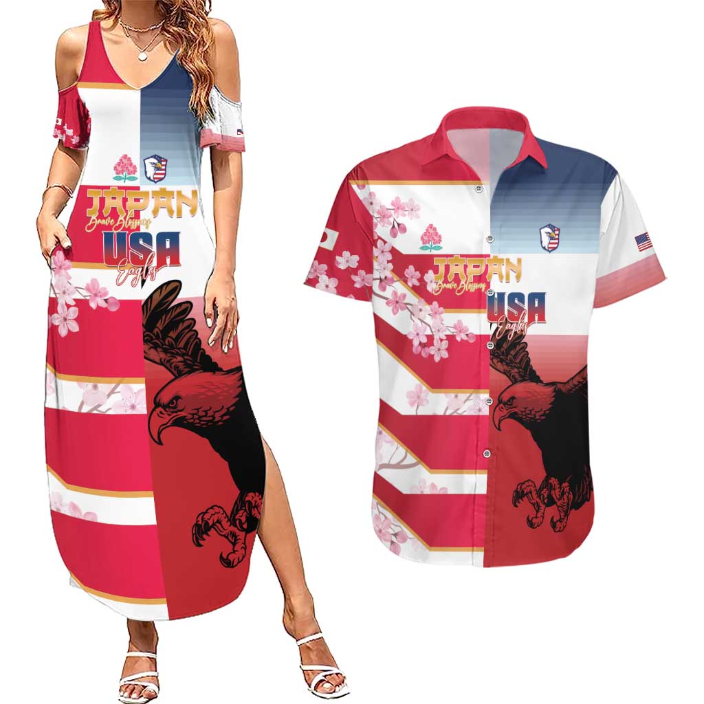 USA and Japan Rugby Custom Couples Matching Summer Maxi Dress and Hawaiian Shirt Eagles Brave Blossoms Together Pacific LT14 Red - Polynesian Pride