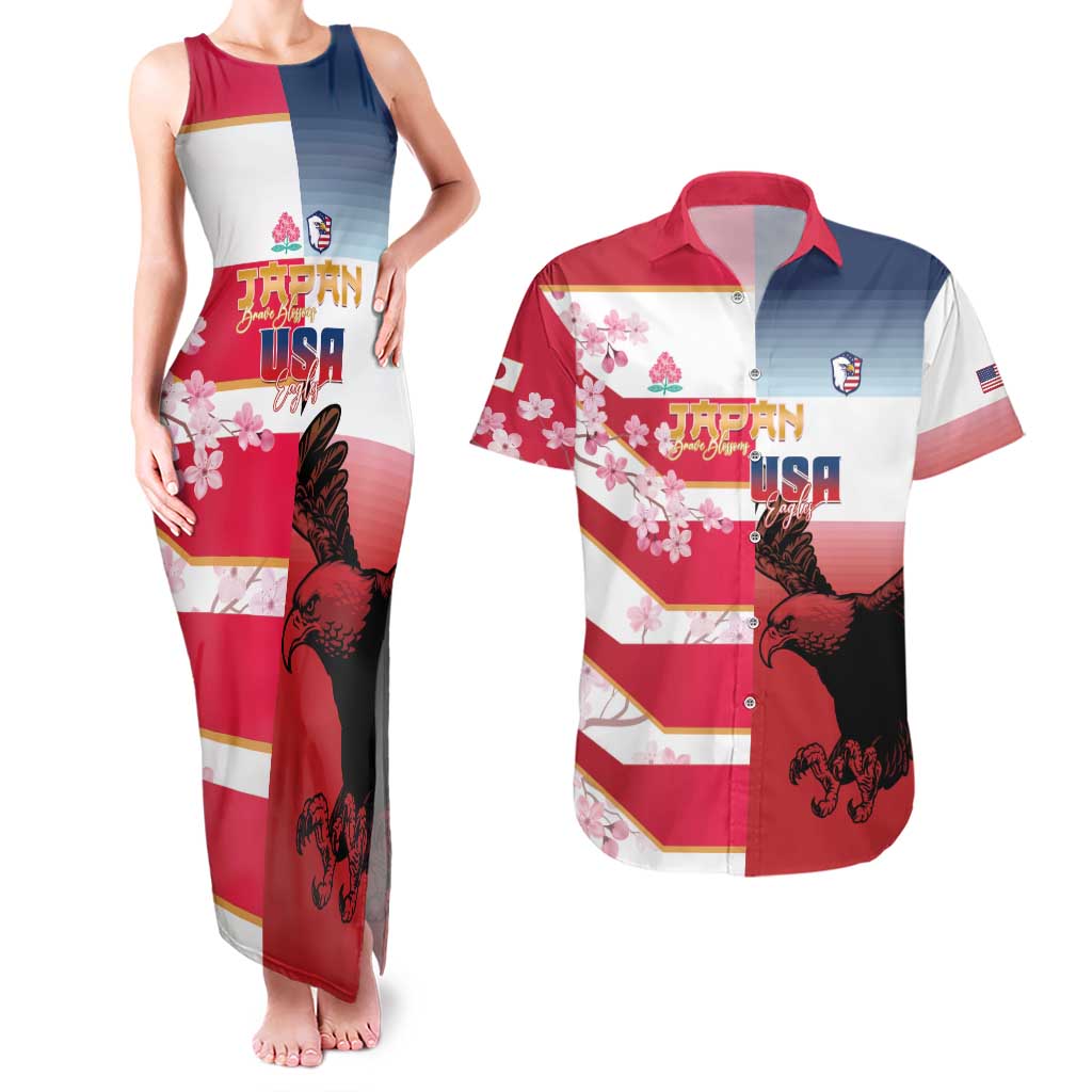 USA and Japan Rugby Custom Couples Matching Tank Maxi Dress and Hawaiian Shirt Eagles Brave Blossoms Together Pacific LT14 Red - Polynesian Pride