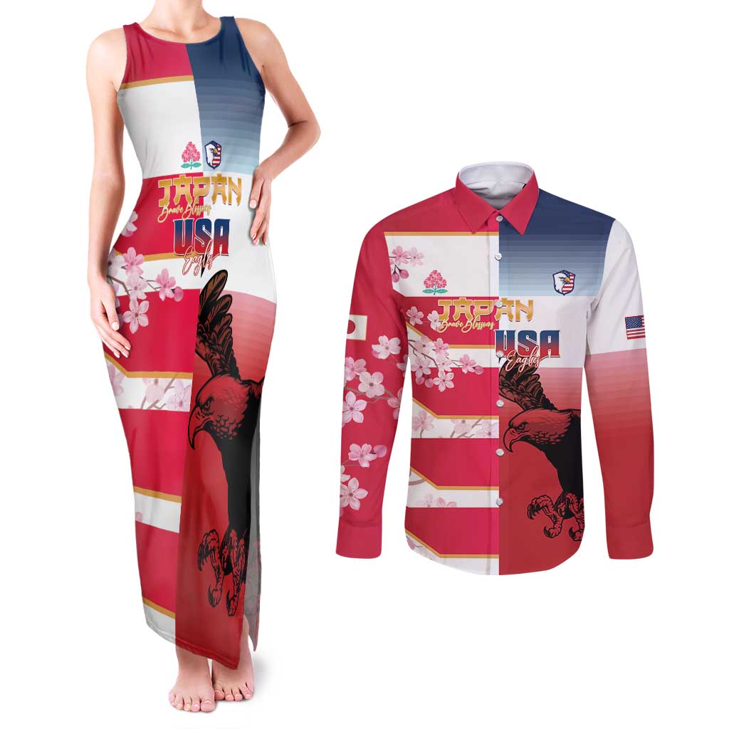 USA and Japan Rugby Custom Couples Matching Tank Maxi Dress and Long Sleeve Button Shirt Eagles Brave Blossoms Together Pacific LT14 Red - Polynesian Pride