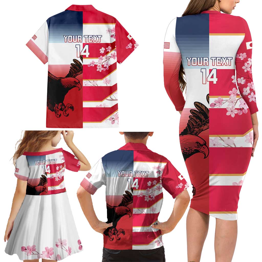 USA and Japan Rugby Custom Family Matching Long Sleeve Bodycon Dress and Hawaiian Shirt Eagles Brave Blossoms Together Pacific - Polynesian Pride