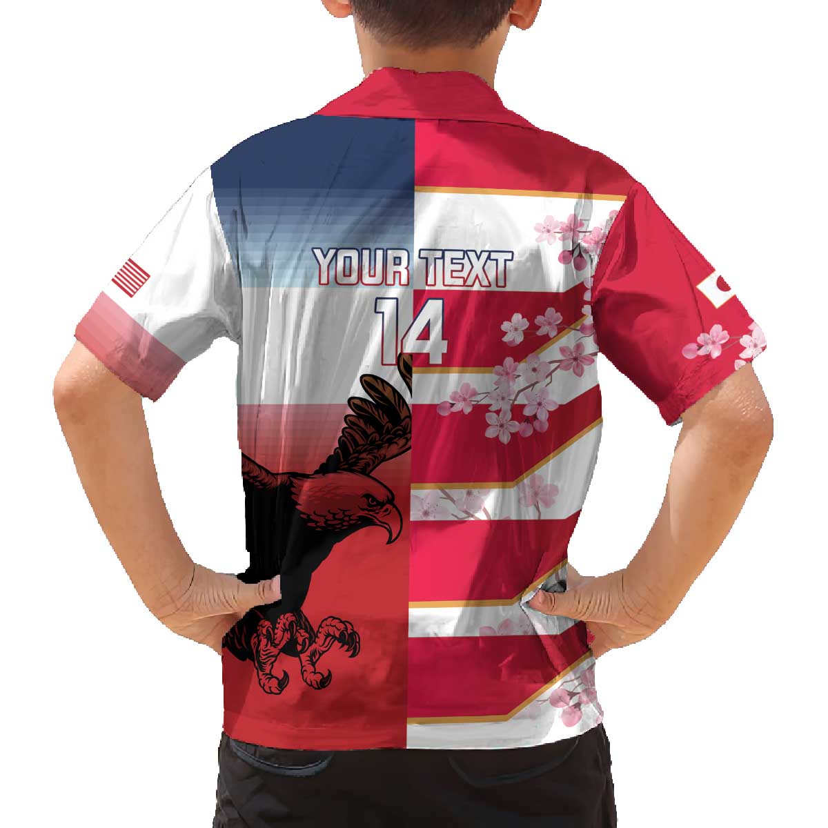USA and Japan Rugby Custom Family Matching Off The Shoulder Long Sleeve Dress and Hawaiian Shirt Eagles Brave Blossoms Together Pacific - Polynesian Pride