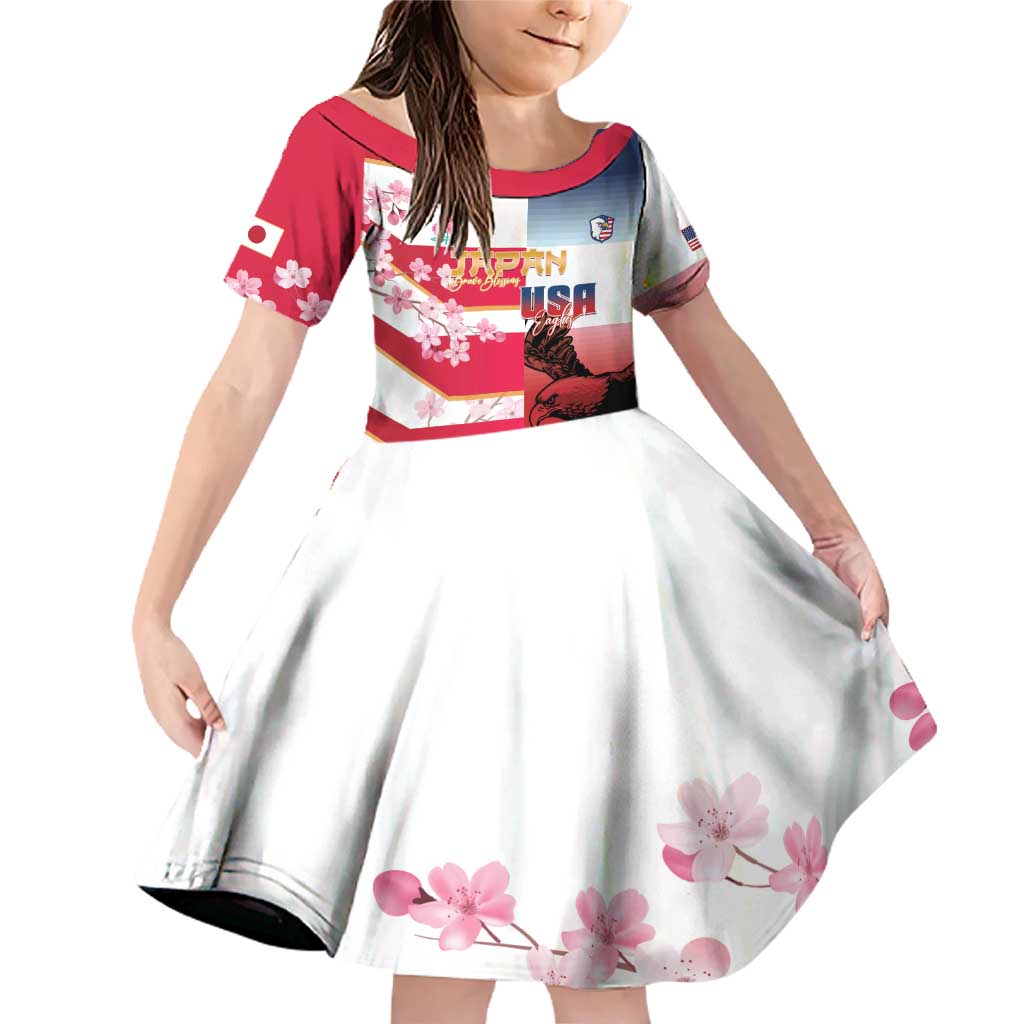 USA and Japan Rugby Custom Family Matching Off Shoulder Short Dress and Hawaiian Shirt Eagles Brave Blossoms Together Pacific - Polynesian Pride