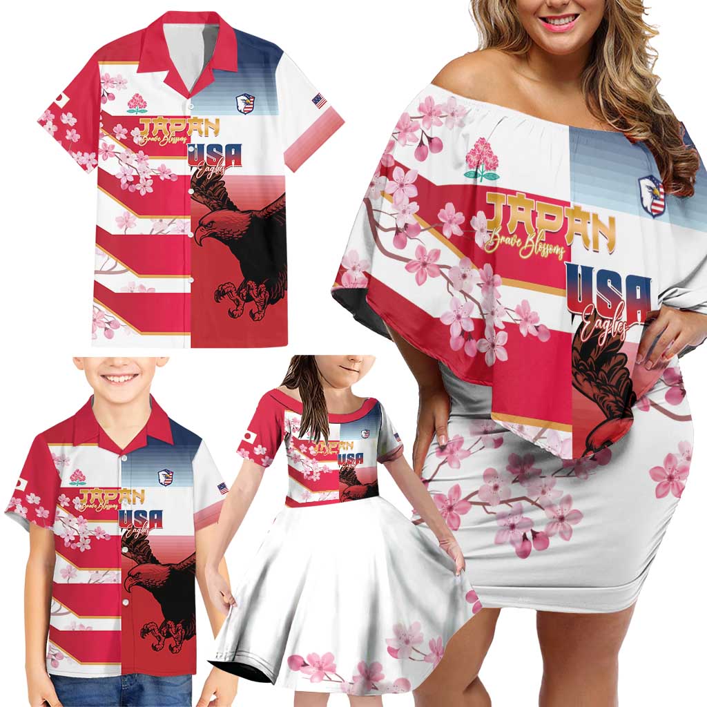 USA and Japan Rugby Custom Family Matching Off Shoulder Short Dress and Hawaiian Shirt Eagles Brave Blossoms Together Pacific - Polynesian Pride