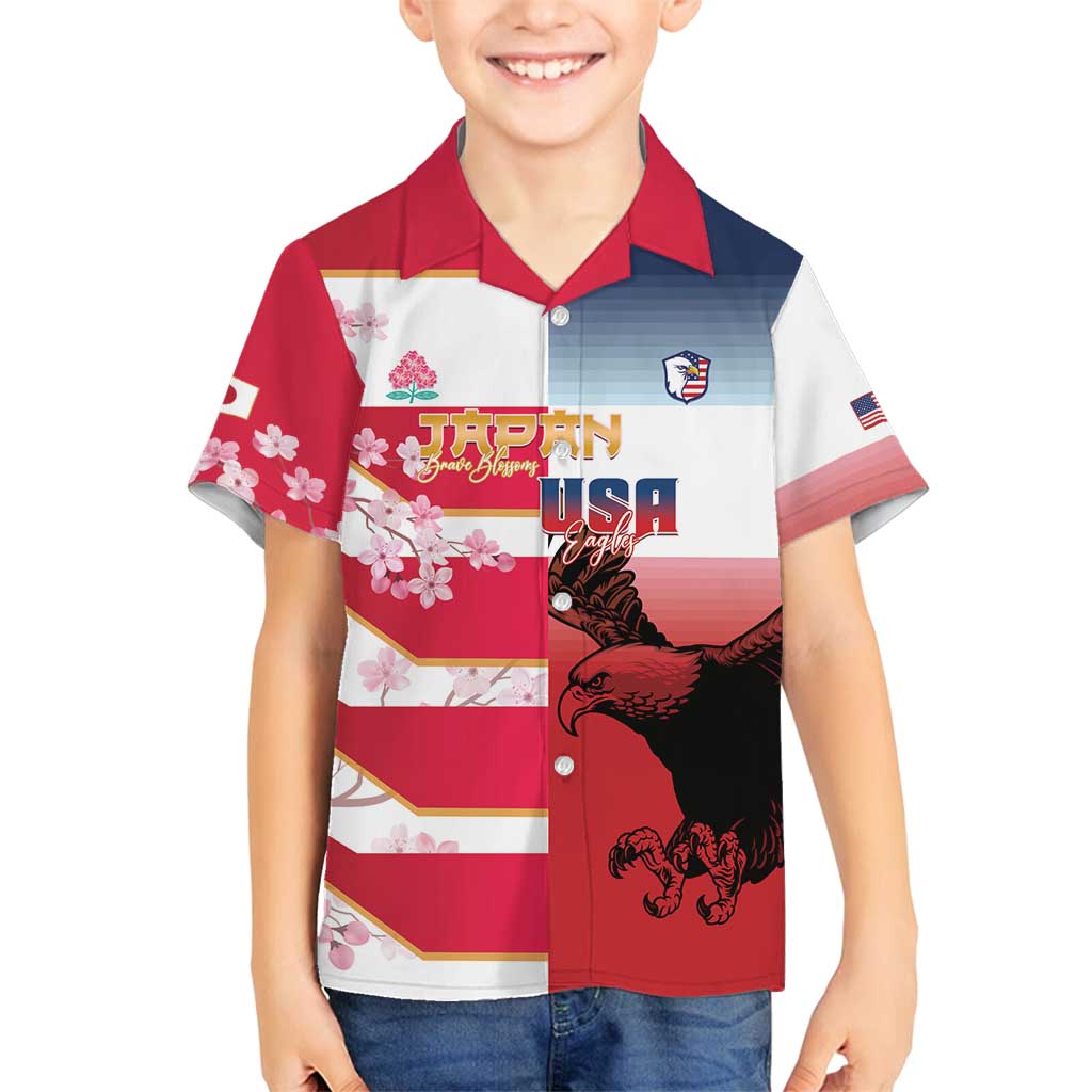 USA and Japan Rugby Custom Family Matching Off Shoulder Short Dress and Hawaiian Shirt Eagles Brave Blossoms Together Pacific - Polynesian Pride