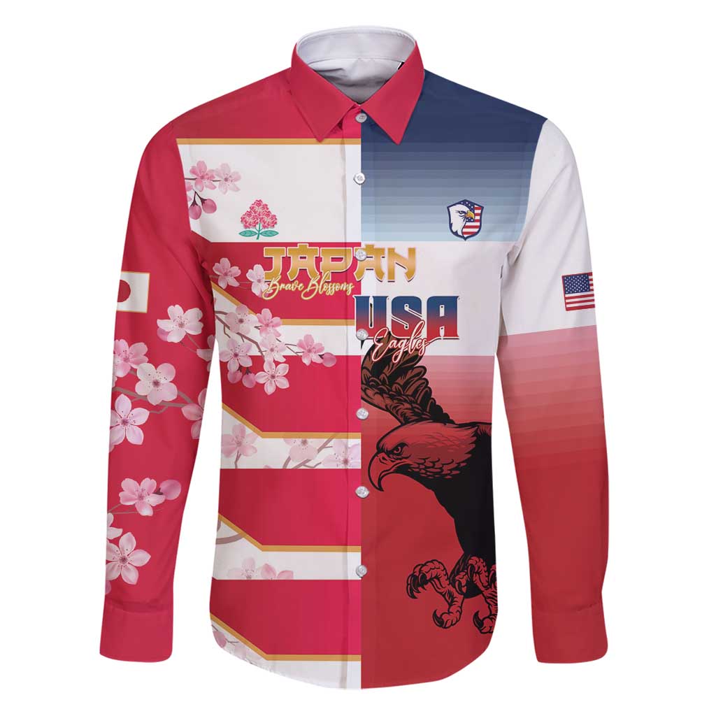 USA and Japan Rugby Custom Family Matching Puletasi and Hawaiian Shirt Eagles Brave Blossoms Together Pacific LT14 Dad's Shirt - Long Sleeve Red - Polynesian Pride
