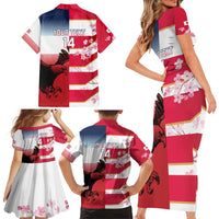 USA and Japan Rugby Custom Family Matching Short Sleeve Bodycon Dress and Hawaiian Shirt Eagles Brave Blossoms Together Pacific - Polynesian Pride