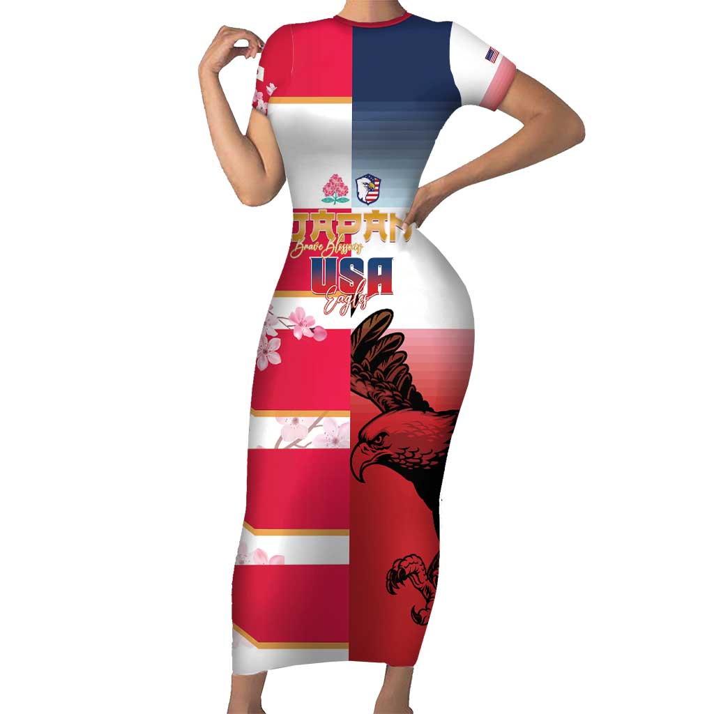 USA and Japan Rugby Custom Family Matching Short Sleeve Bodycon Dress and Hawaiian Shirt Eagles Brave Blossoms Together Pacific - Polynesian Pride