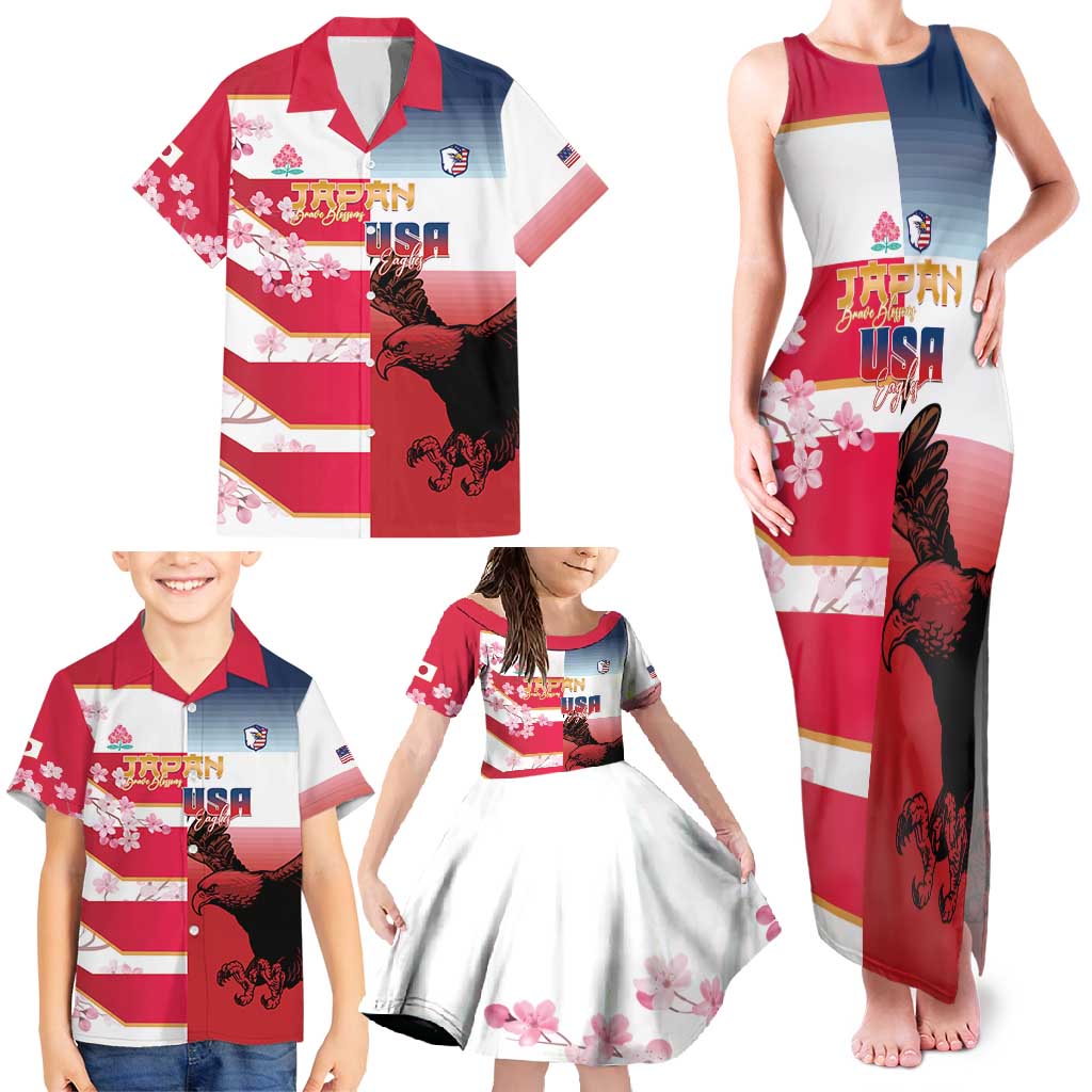 USA and Japan Rugby Custom Family Matching Tank Maxi Dress and Hawaiian Shirt Eagles Brave Blossoms Together Pacific - Polynesian Pride