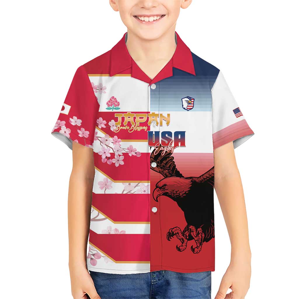 USA and Japan Rugby Custom Kid Hawaiian Shirt Eagles Brave Blossoms Together Pacific LT14 Kid Red - Polynesian Pride