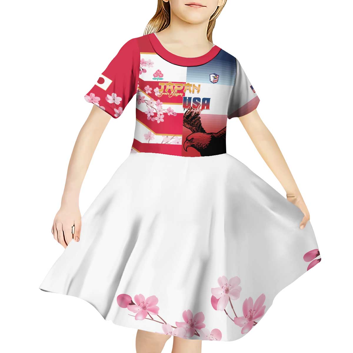 USA and Japan Rugby Custom Kid Short Sleeve Dress Eagles Brave Blossoms Together Pacific - Polynesian Pride