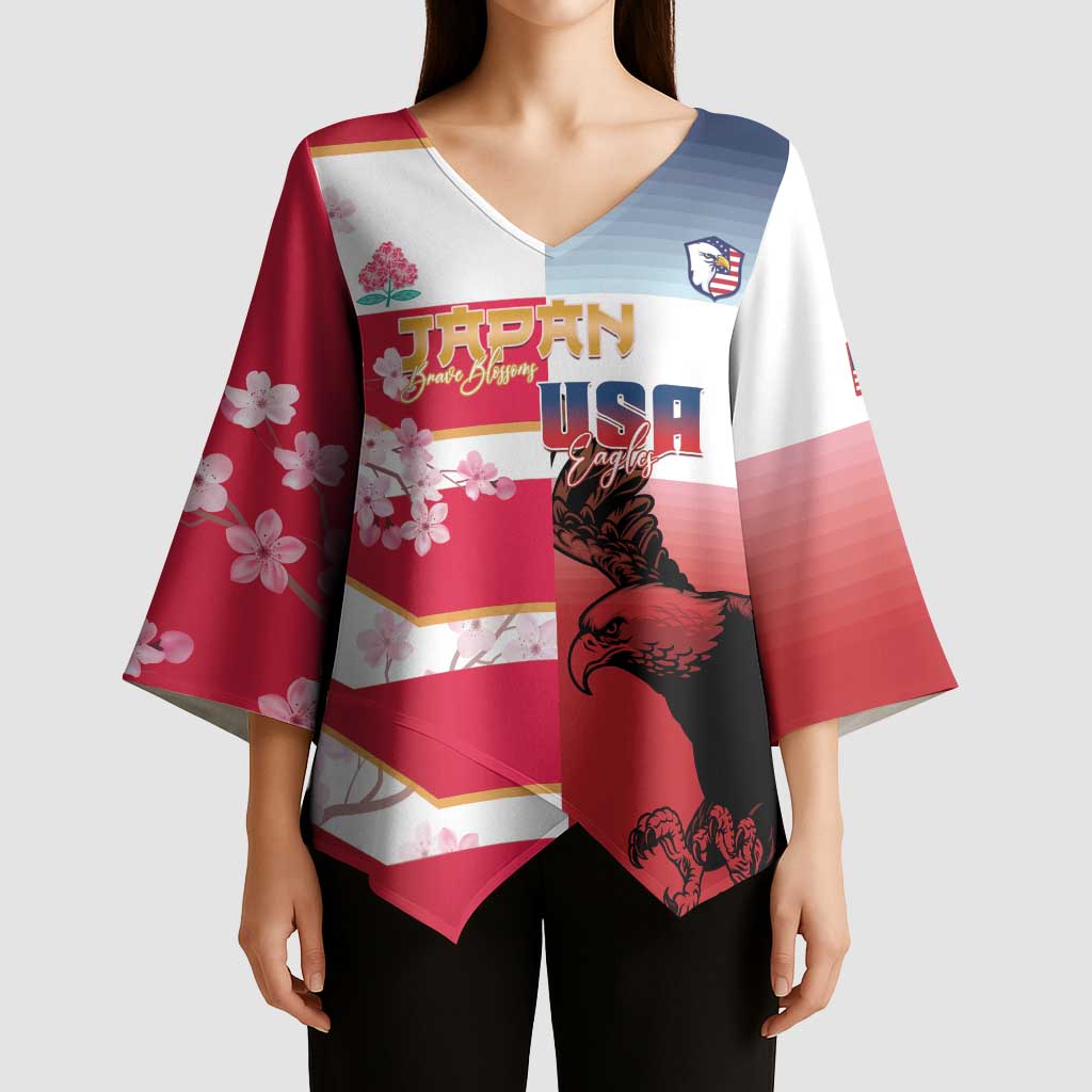 USA and Japan Rugby Custom Kimono Sleeve Blouse Eagles Brave Blossoms Together Pacific - Polynesian Pride
