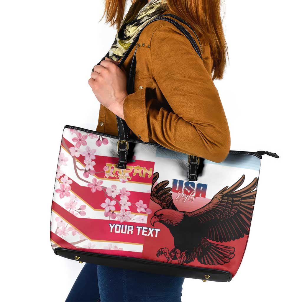 USA and Japan Rugby Custom Leather Tote Bag Eagles Brave Blossoms Together Pacific LT14 Red - Polynesian Pride