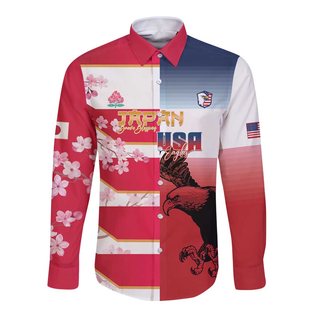 USA and Japan Rugby Custom Long Sleeve Button Shirt Eagles Brave Blossoms Together Pacific LT14 Unisex Red - Polynesian Pride