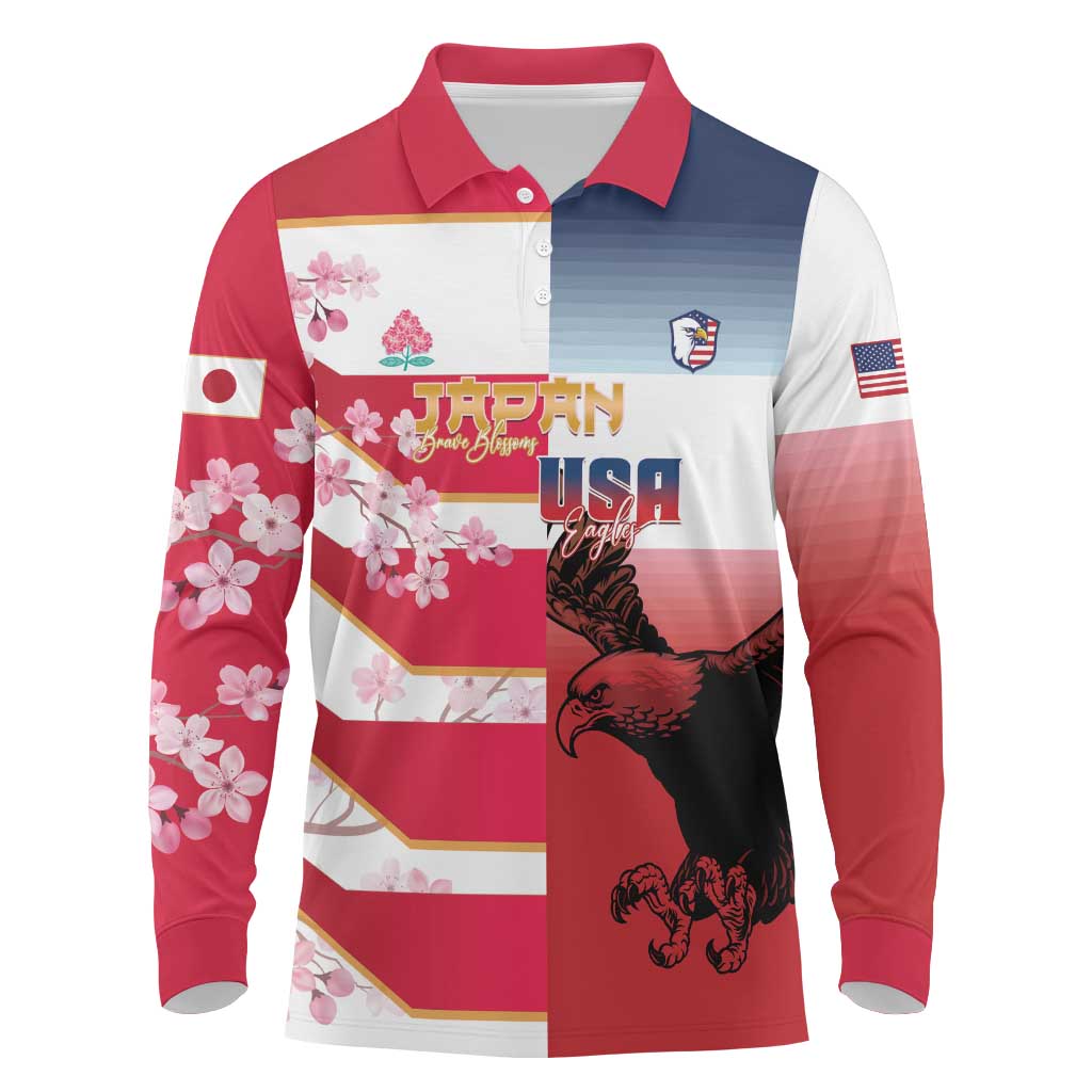 USA and Japan Rugby Custom Long Sleeve Polo Shirt Eagles Brave Blossoms Together Pacific LT14 Red - Polynesian Pride