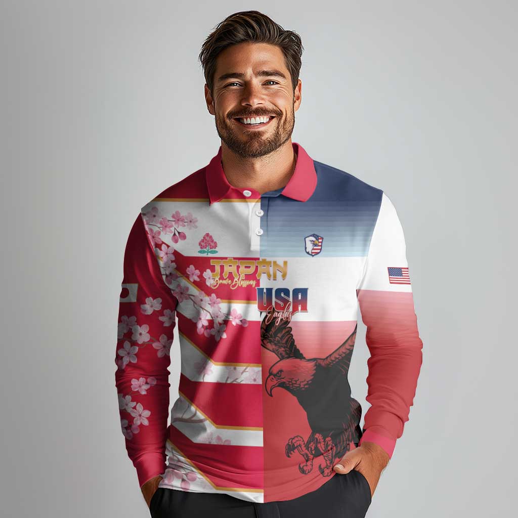 USA and Japan Rugby Custom Long Sleeve Polo Shirt Eagles Brave Blossoms Together Pacific LT14 - Polynesian Pride