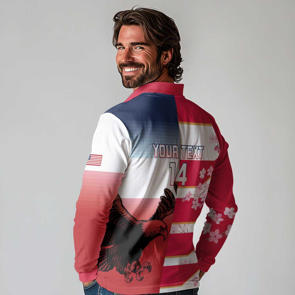 USA and Japan Rugby Custom Long Sleeve Polo Shirt Eagles Brave Blossoms Together Pacific LT14 - Polynesian Pride
