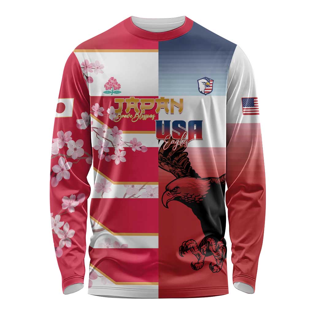 USA and Japan Rugby Custom Long Sleeve Shirt Eagles Brave Blossoms Together Pacific LT14 Unisex Red - Polynesian Pride