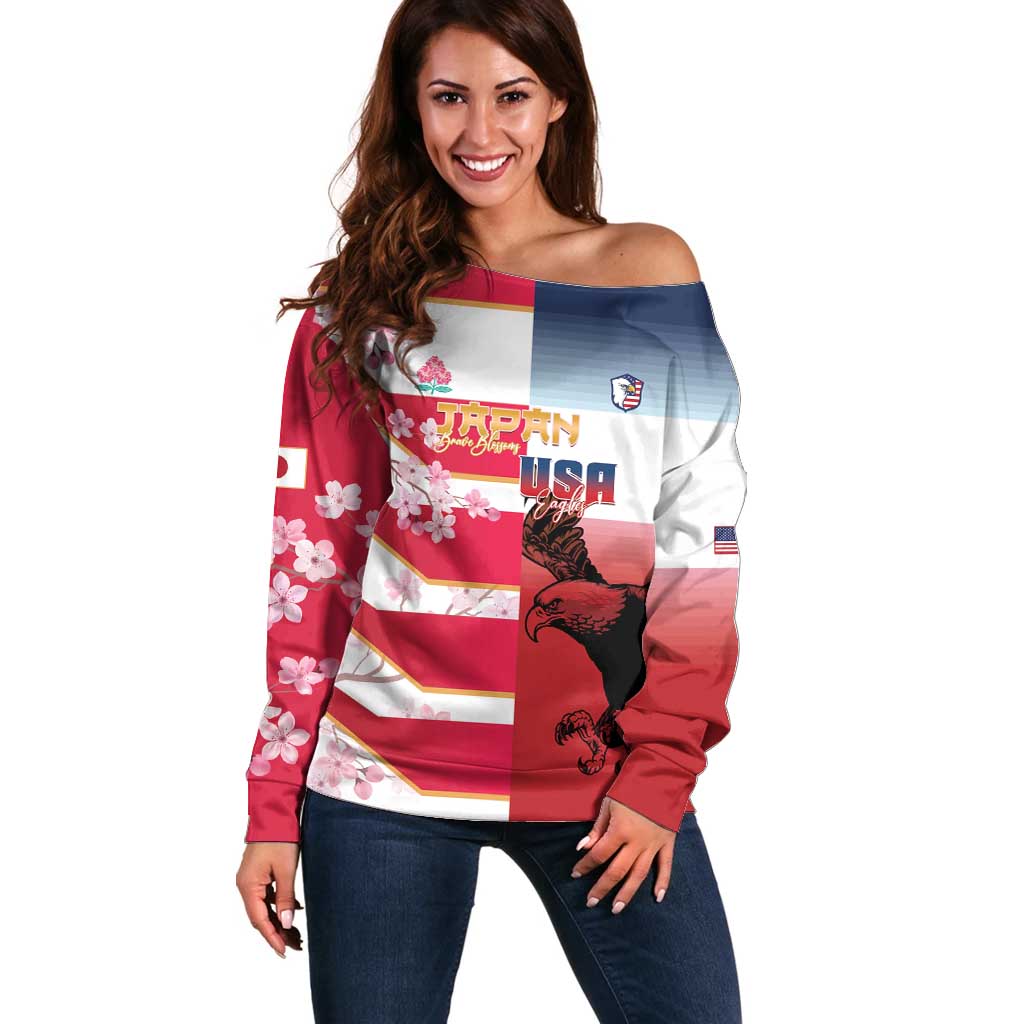 USA and Japan Rugby Custom Off Shoulder Sweater Eagles Brave Blossoms Together Pacific - Polynesian Pride