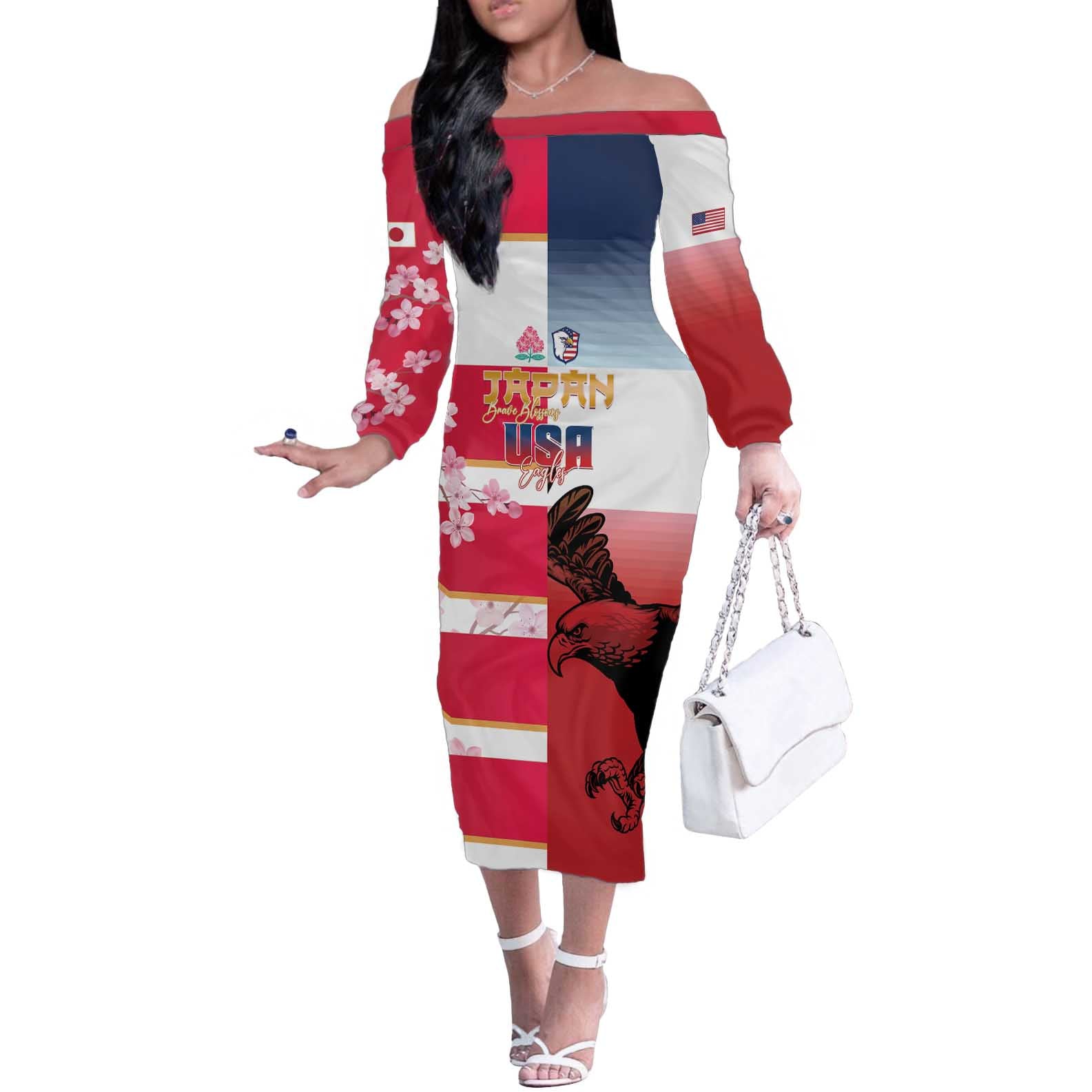 USA and Japan Rugby Custom Off The Shoulder Long Sleeve Dress Eagles Brave Blossoms Together Pacific - Polynesian Pride