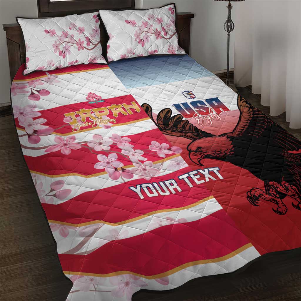 USA and Japan Rugby Custom Quilt Bed Set Eagles Brave Blossoms Together Pacific LT14 Red - Polynesian Pride