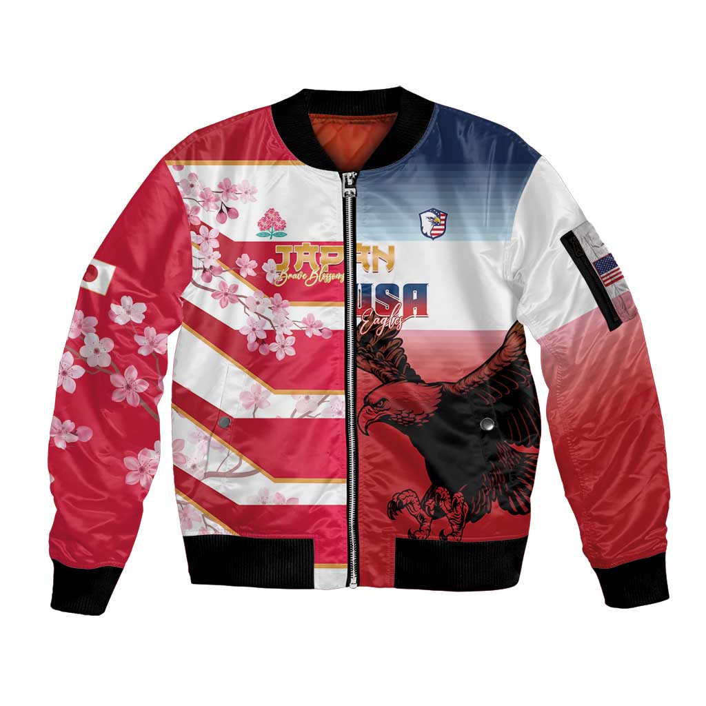 USA and Japan Rugby Custom Sleeve Zip Bomber Jacket Eagles Brave Blossoms Together Pacific LT14 Unisex Red - Polynesian Pride