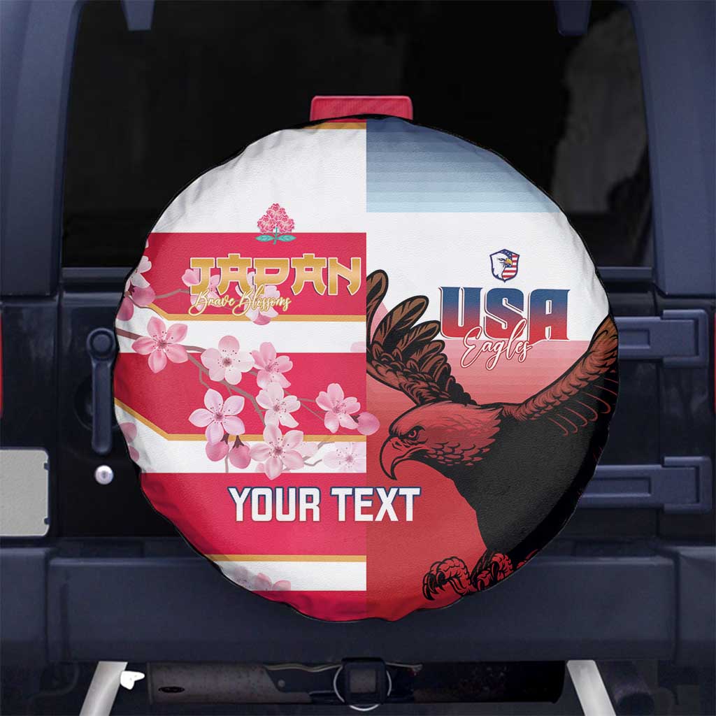 USA and Japan Rugby Custom Spare Tire Cover Eagles Brave Blossoms Together Pacific LT14 No hole Red - Polynesian Pride
