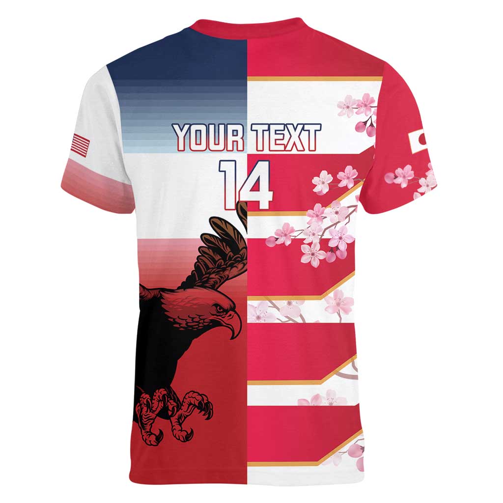 USA and Japan Rugby Custom Women V-Neck T-Shirt Eagles Brave Blossoms Together Pacific - Polynesian Pride