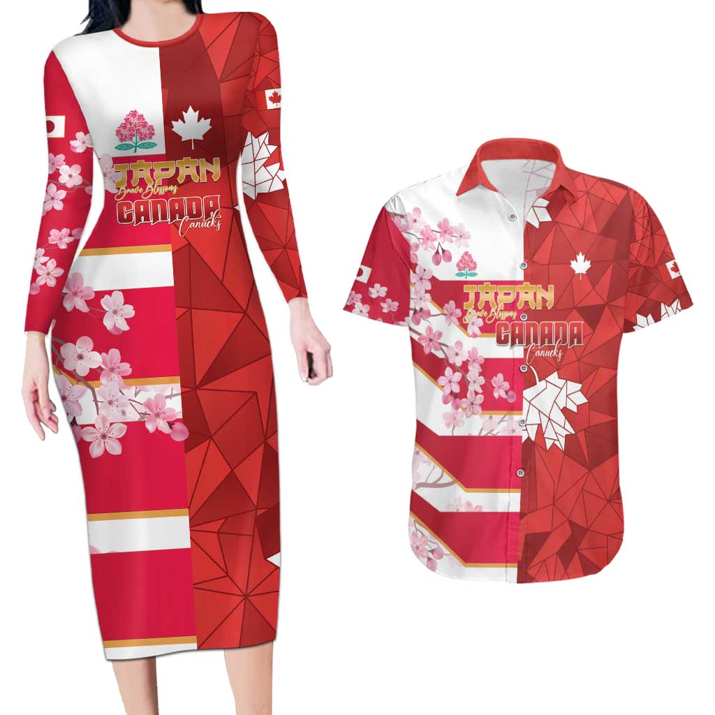 Canada and Japan Rugby Custom Couples Matching Long Sleeve Bodycon Dress and Hawaiian Shirt Canucks Brave Blossoms Together Pacific LT14 Red - Polynesian Pride