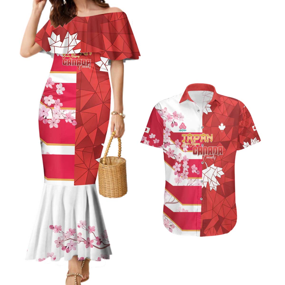 Canada and Japan Rugby Custom Couples Matching Mermaid Dress and Hawaiian Shirt Canucks Brave Blossoms Together Pacific LT14 Red - Polynesian Pride