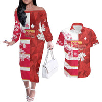 Canada and Japan Rugby Custom Couples Matching Off The Shoulder Long Sleeve Dress and Hawaiian Shirt Canucks Brave Blossoms Together Pacific - Polynesian Pride