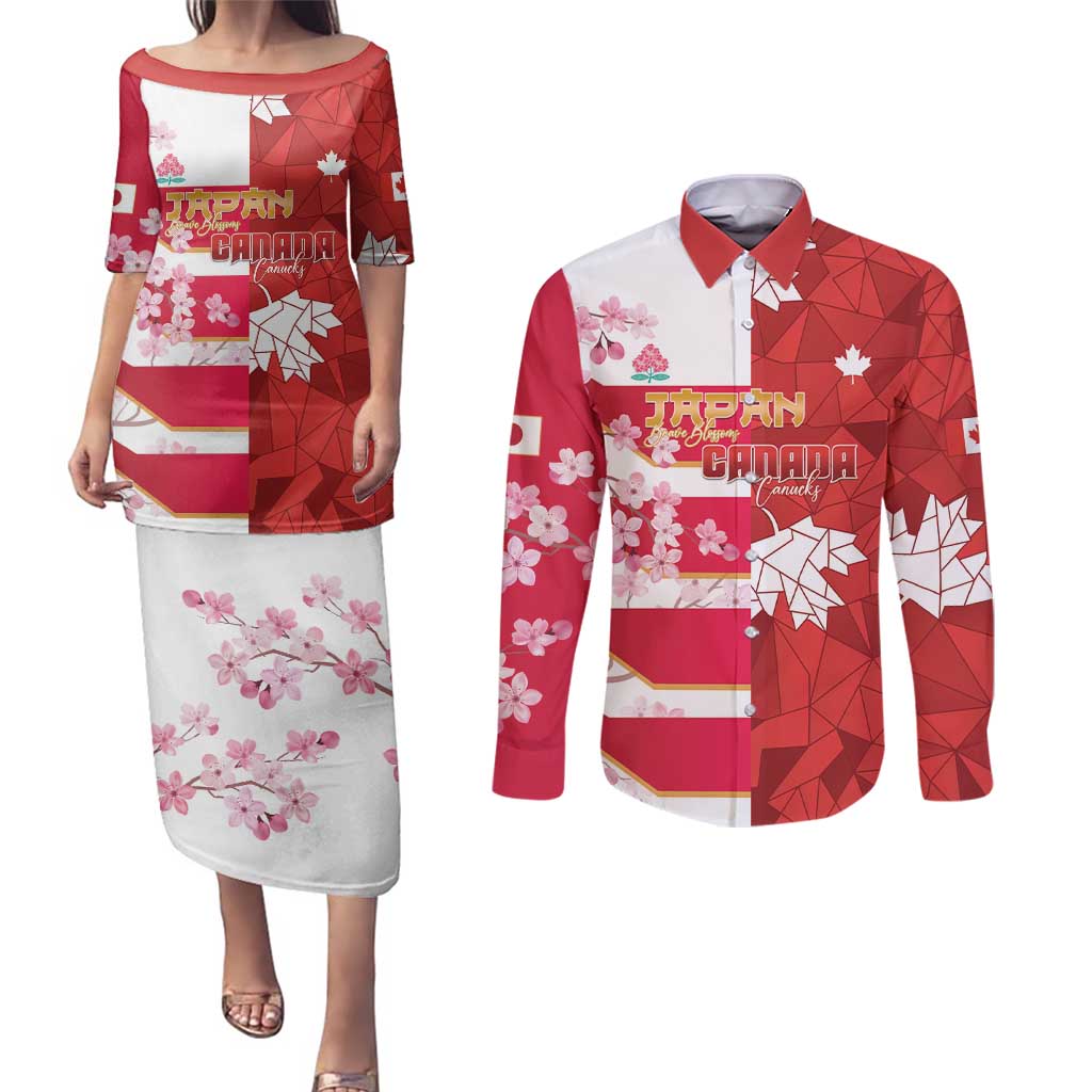 Canada and Japan Rugby Custom Couples Matching Puletasi and Long Sleeve Button Shirt Canucks Brave Blossoms Together Pacific LT14 Red - Polynesian Pride