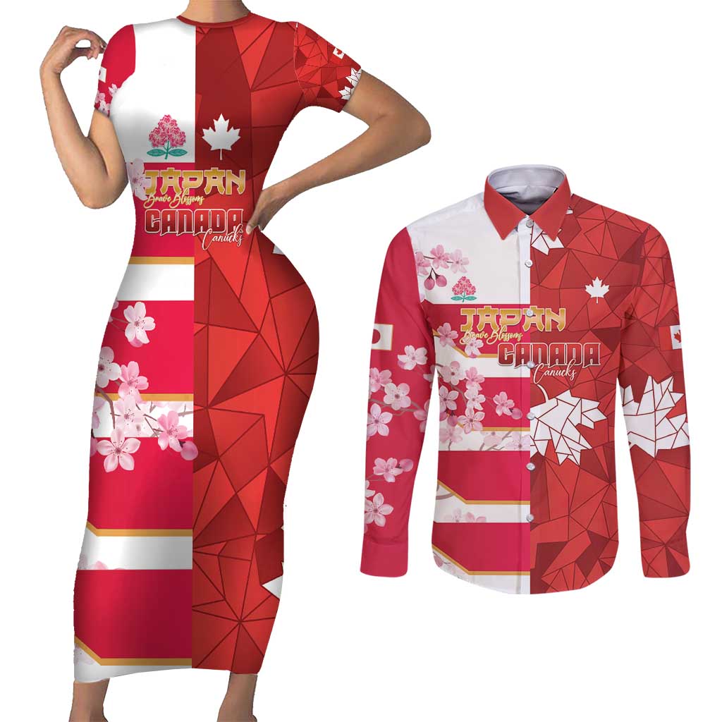 Canada and Japan Rugby Custom Couples Matching Short Sleeve Bodycon Dress  and Long Sleeve Button Shirt