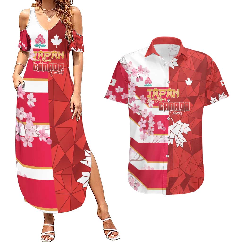 Canada and Japan Rugby Custom Couples Matching Summer Maxi Dress and Hawaiian Shirt Canucks Brave Blossoms Together Pacific LT14 Red - Polynesian Pride