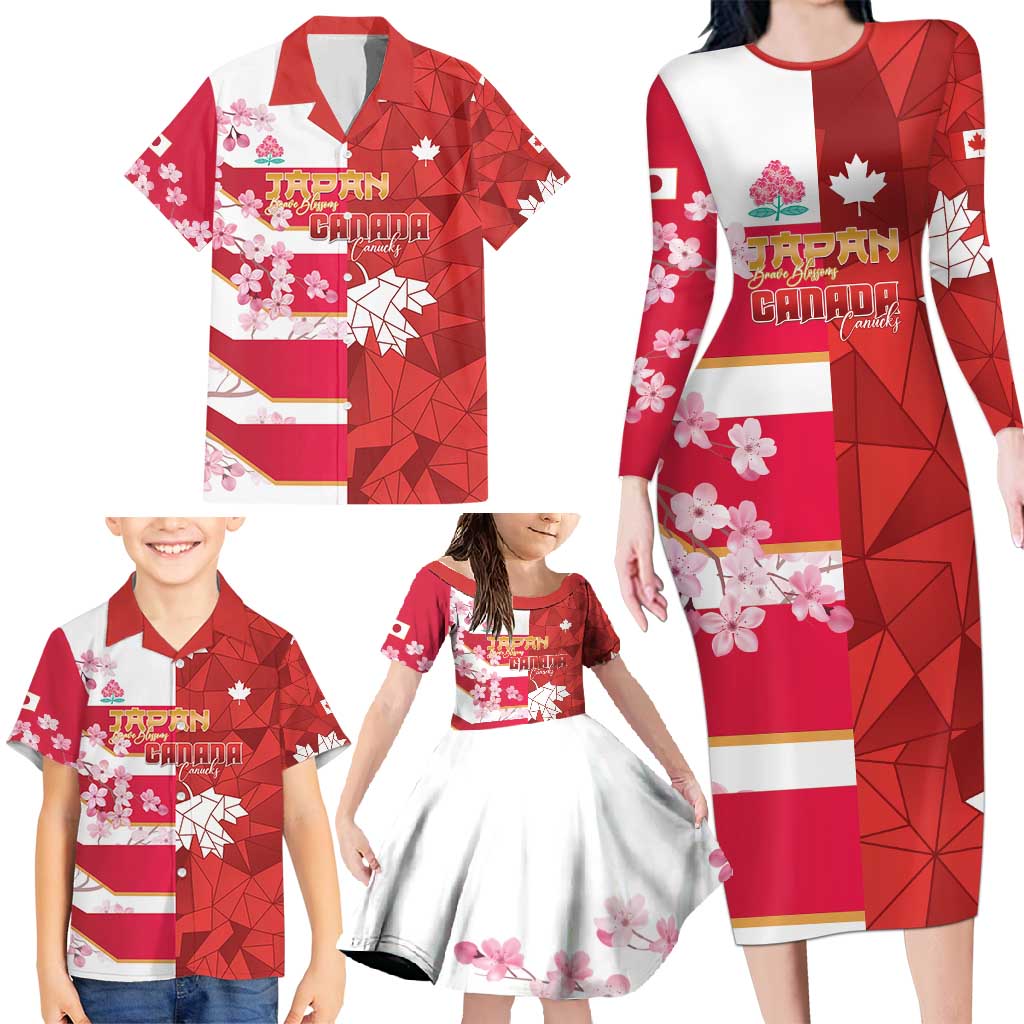 Canada and Japan Rugby Custom Family Matching Long Sleeve Bodycon Dress and Hawaiian Shirt Canucks Brave Blossoms Together Pacific - Polynesian Pride